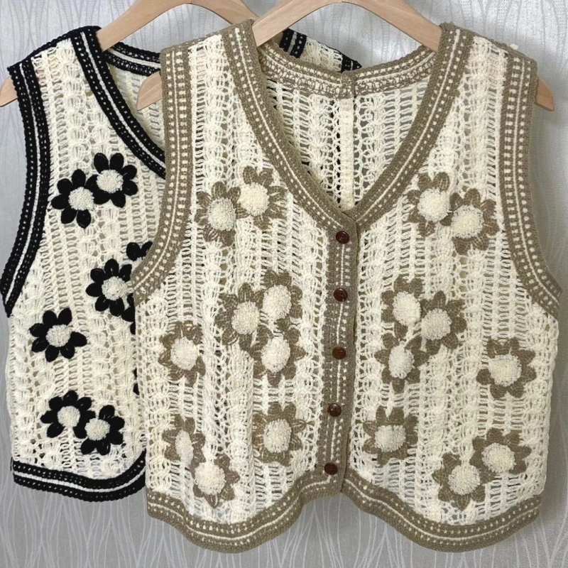 

Women Vintage Crochet Cropped Tank Top Female Hollow Out Knitted Floral V-neck Camisole Summer Sleeveless Cover Up Vests G46