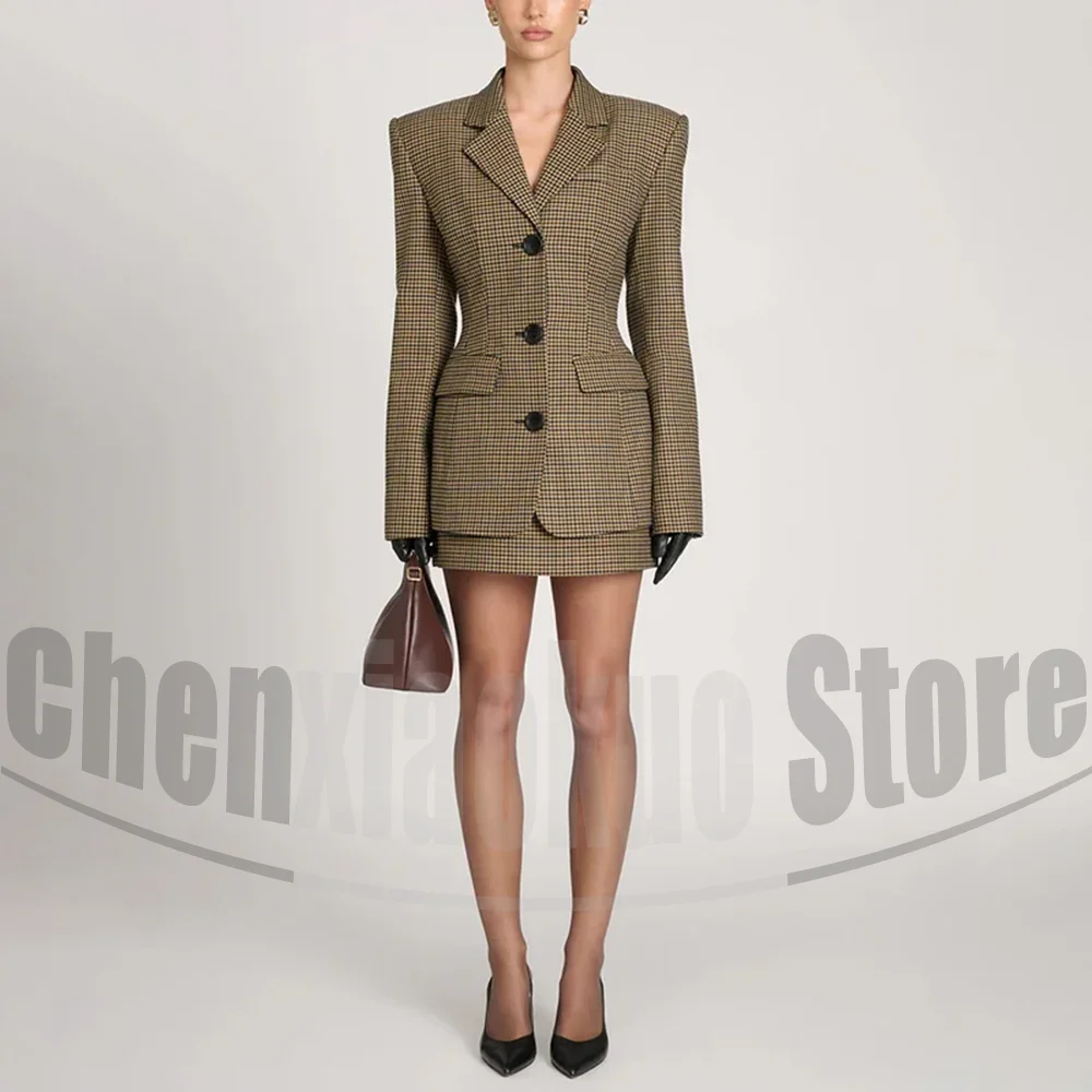 

Женский костюм с узором «гусиные лапки», однобортный пиджак и мини-юбкой, элегантная официальная одежда в стиле ретро для повседневной офисной вечеринки