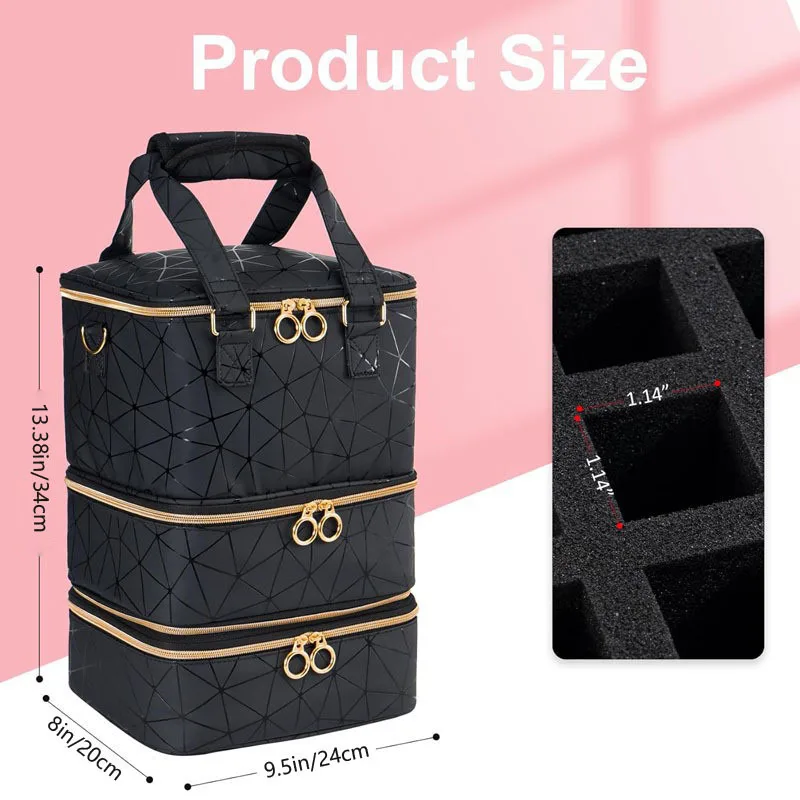 3 Layer Nail Polish Organizer Bag Holds 60 Bottles PU Waterproof Portable Manicure Storage Case Detachable Makeup Organizer Bag