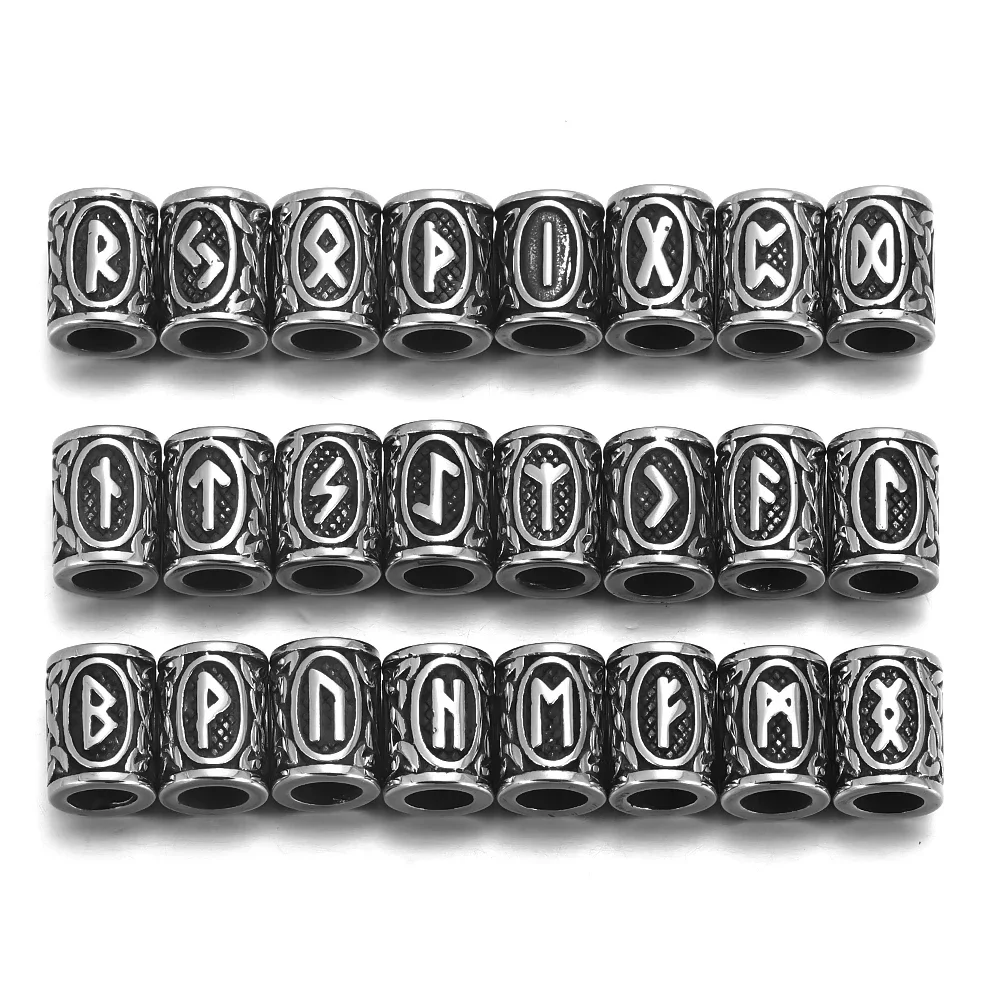 

24pcs Stainless Steel Viking Rune Beads for Hair Beards Large Hole 6mm 8mm Elder Futhark Jewelry Bracelet Making DIY Supplies