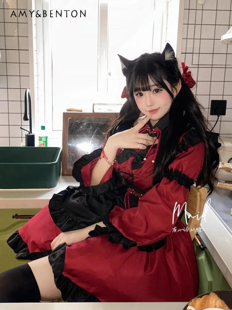 

Dark Red Little Devil Maid Costume Cosplay Costume Chinese Lady Lolita Two-dimensional Plus Size Dress