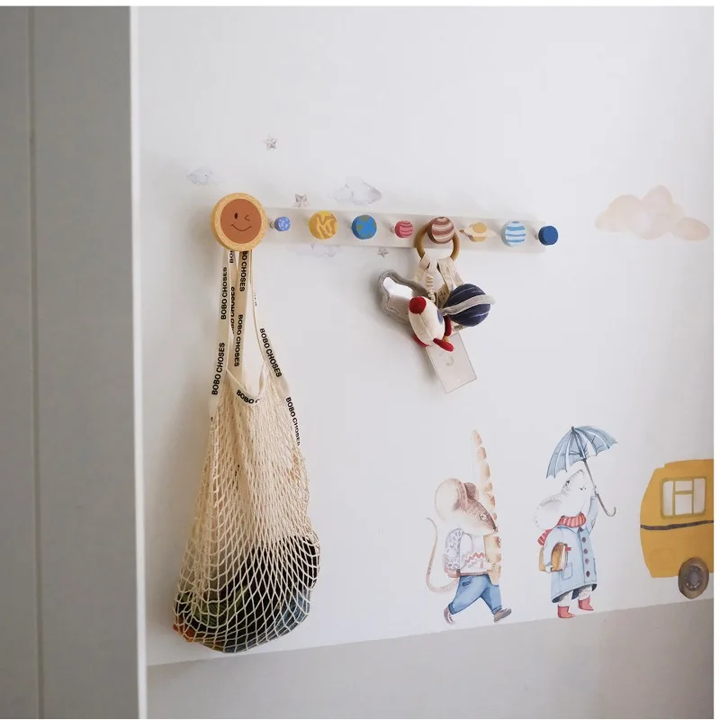 No-Drill Wooden Wall Hook, Kids Room Door Hanger & Coat Rack, Decorative Background Organizer for Nursery & Bedroom