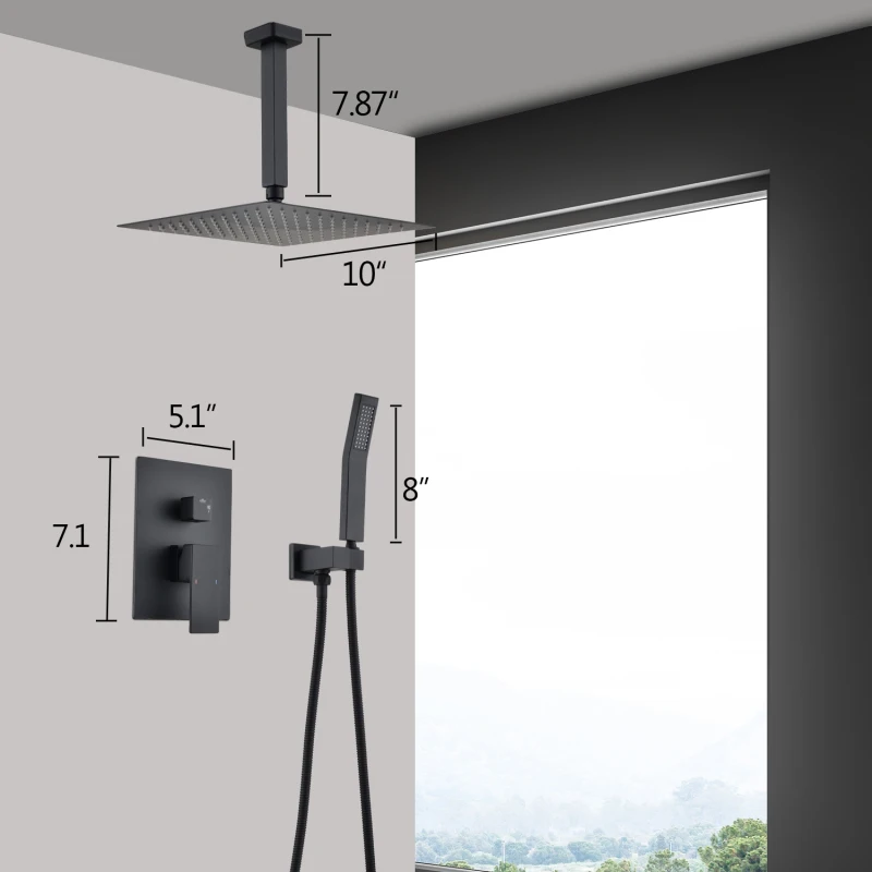 Black Solid Brass Shower System, 10 Inch Ceiling Rainfall Head with Handheld Sprayer, High Pressure Multi-Setting Water Flow, Wall Mounted Bathroom Fixture for Home Hotel Renovation view 8