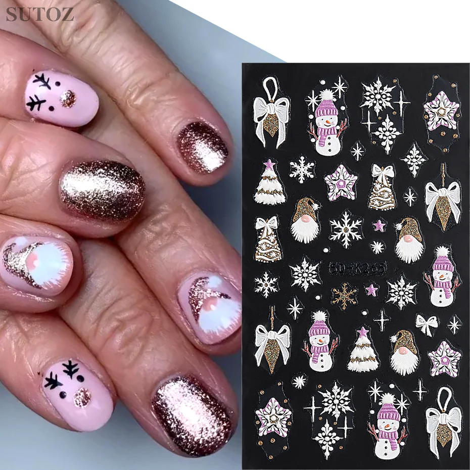 5D Winter Nail Stickers Gold Silver White Christmas Tree Christmas Lights Bow Design New Year Christmas Manicure Decal LE5D-K264