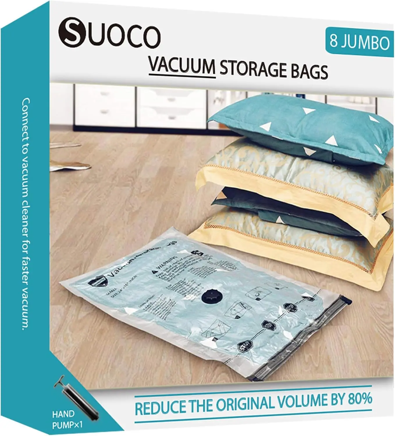 

Vacuum Storage Bags 8 Jumbo for Clothing Bedding Comforters Blankets with Double Zip Seal and Hand Pump