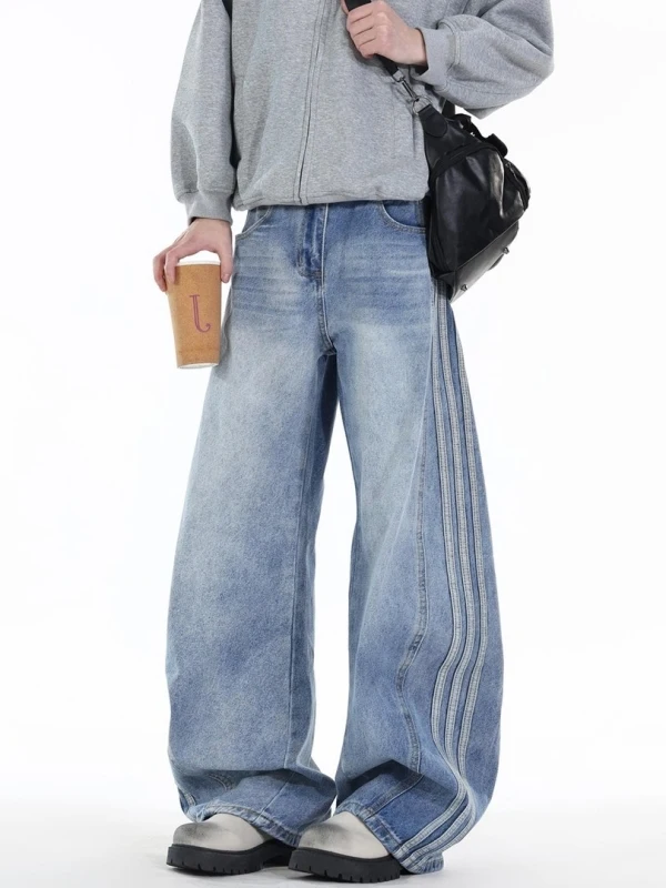 Calças Jeans Unissex Modernas Desgastadas de Perna Larga, Casuais, Lavadas, com Três Listras e Detalhe de Corte, de Verão, Co...