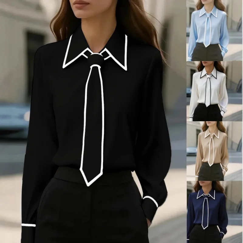 

2025 Autumn Fashion Solid Color Commuting Tie Long Sleeve Shirt Women
