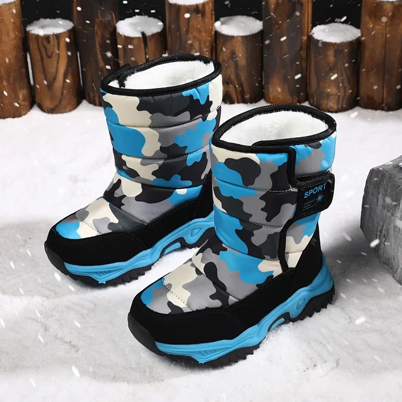 Kids Warm Boots Children Thick Bottom Winter Snow Boots Boys Girls Camouflage Padded Cotton Shoes High Top Velcro Comfort Boots