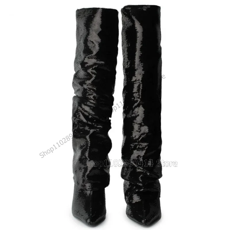 

Black Sequins Turned Over Pointed Toe Boots Slip On Women Shoes Thin High Heels Novel Fashion Banquet 2026 Zapatos Para Mujere