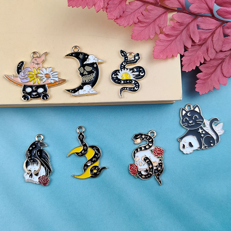 10 шт. сплав капля масло Кот череп Луна ворона эмаль очаровательные серьги жнец змея ожерелье браслет сделай сам ювелирные изделия аксессуары