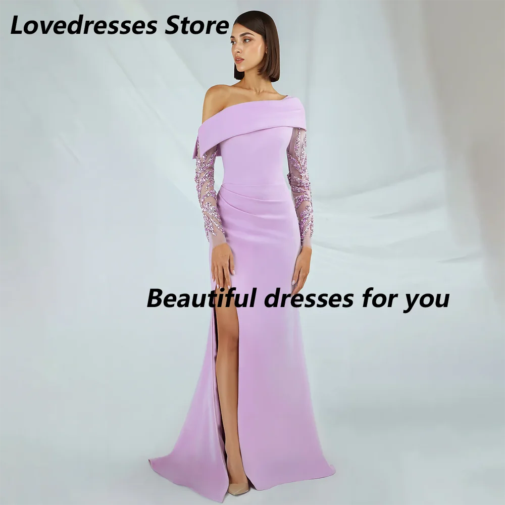 

Sexy Mermaid Evening Dress Customized Off Shoulder Long Sleeves Sequin Bead Thigh Slit Saudi Arabian Party Gown Prom Dresses