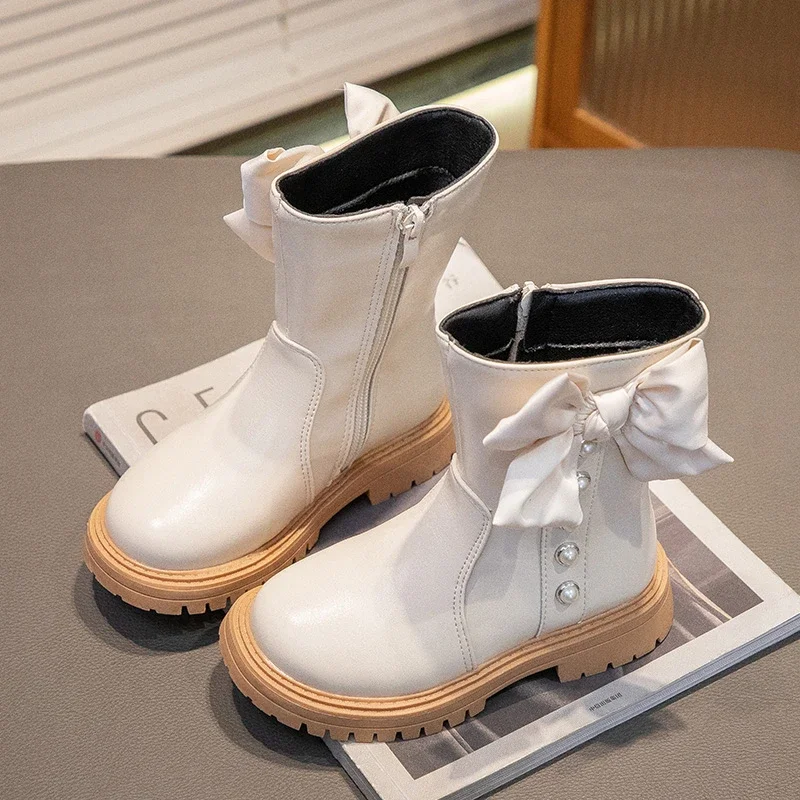 Girls Leather Boots with Pearls Simple Non-slip Children Bow-knot Ankle Boots Elegant Kids Fashion Princess Boots Anti-Slippery
