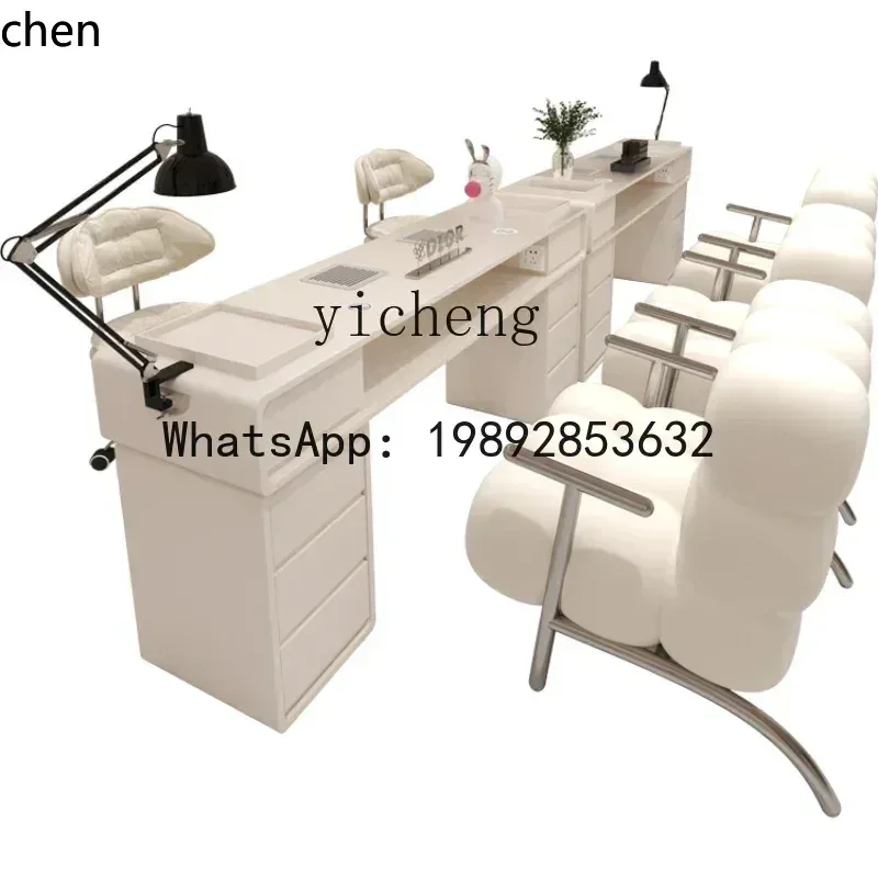 YFY  Cream Style Nail Table and Chair Suit Embedded New Vacuum Cleaner with Socket Wireless Charger