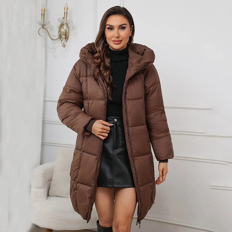 موضة نفخة طول الركبة سترات نسائية شتوية دافئة بقلنسوة طويلة أسفل سترة قطن امرأة 2025 سستة حتى كم طويل سترات السيدات #2