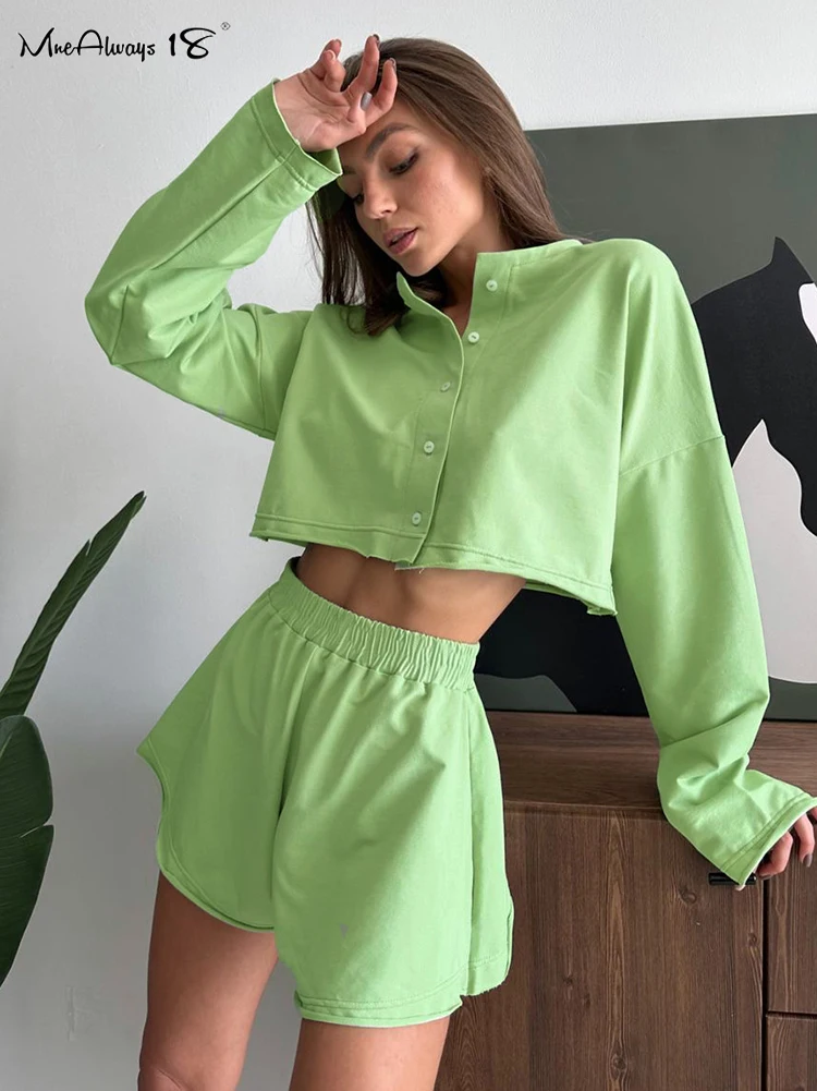 Mnealways18 Brightly Green Two Pieces Outfits Cropped Shirts And Wide Legs Shorts Women Casual Sets Autumn Winter Solid Suits