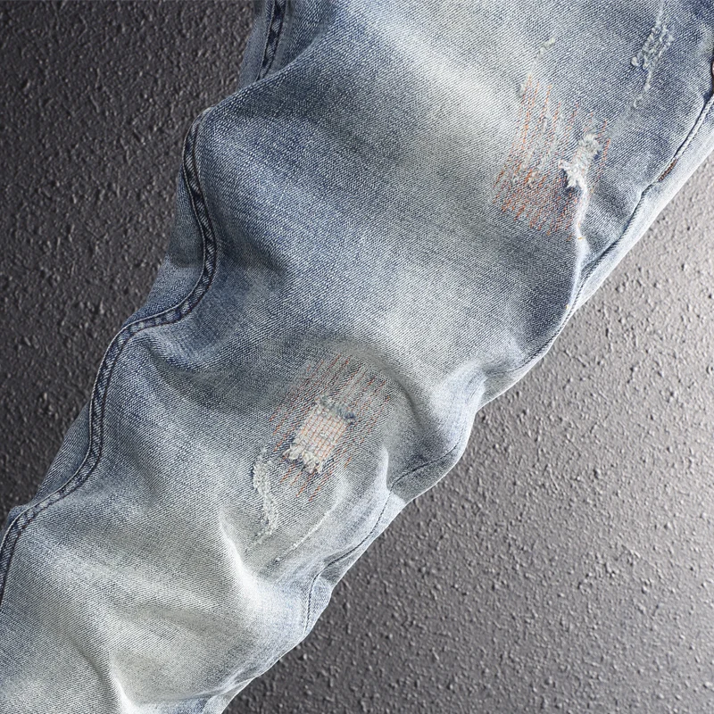 Fashion Designer Men Jeans Retro Blue Stretch Slim Fit Embroidery Hole Ripped Jeans Men Trousers Printed Vintage Pants Hombre