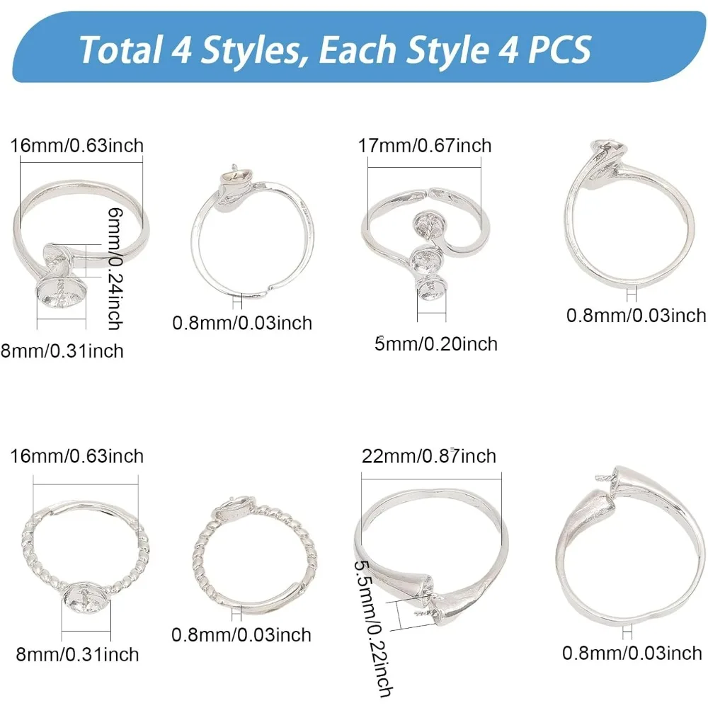 16 PCS Blank Rings 4 Styles Adjustable Brass Prong Rings Base for Half Drilled Beads Blank Pad Ring Trays Jewelry Findings