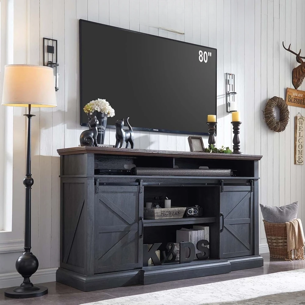 TV Stand for 80 in TV, Entertainment Center W/Storage Cabinets & Slid Barn Door, Soundbar & Adjustable Shelve, 70inch TV Stand