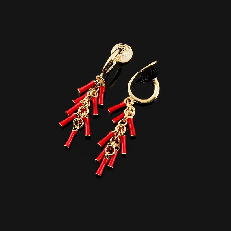 New Female Red Firecracker Tassel Earrings With Chinese Style Festive Mosquito Coils Ear Clips Jewelry Gifts