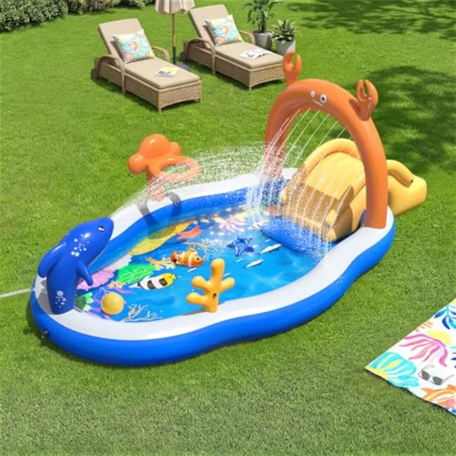 

2026 Large Inflatable Play Center, Toddler Pool with Water SlideSprinkler, 115x70x50Inflatable Kiddie Pool with Slide, Backyard