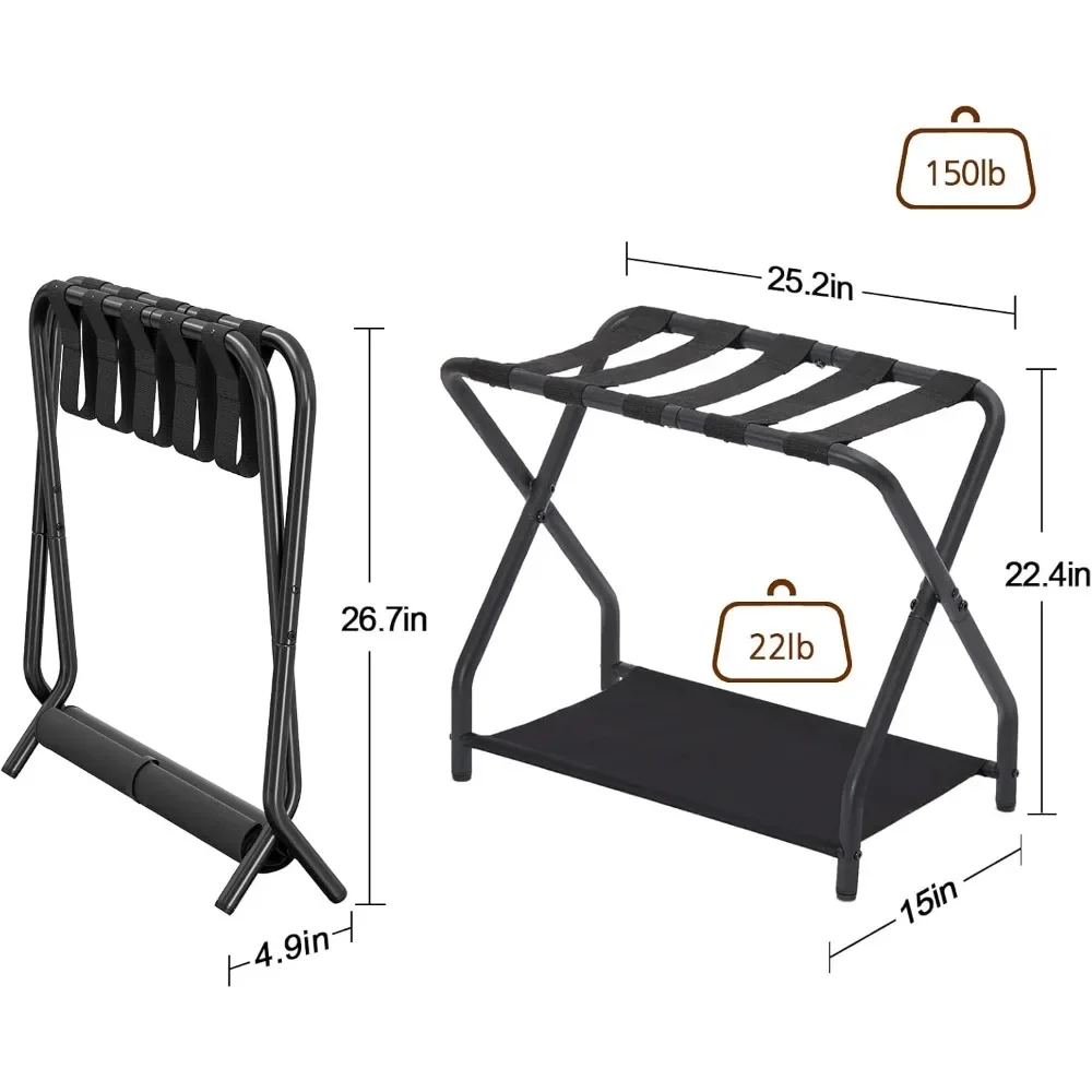 ชั้นวางสัมภาระ, ชุด 2 ชิ้น, ที่วางกระเป๋าเดินทางแบบพับได้สําหรับห้องพัก, ที่วางสัมภาระโลหะพร้อมชั้นวางของสําหรับห้องนอน, โรงแรม