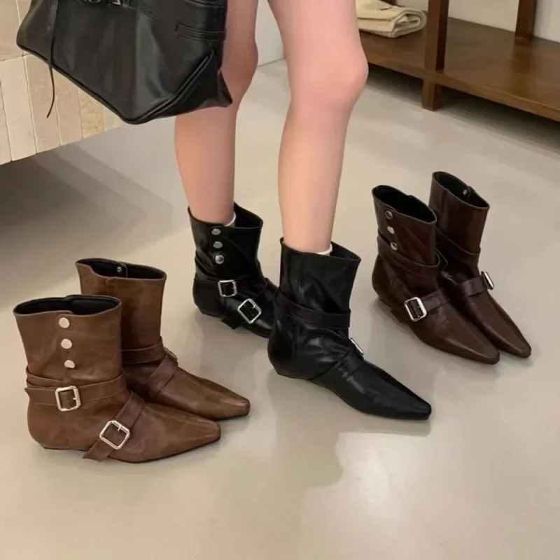 

2025 New Women's Mid-Calf Boots Low Heel Soft Leather Lined Ankle Boot Versatile Comfortable Warm Spring Autumn Shoes