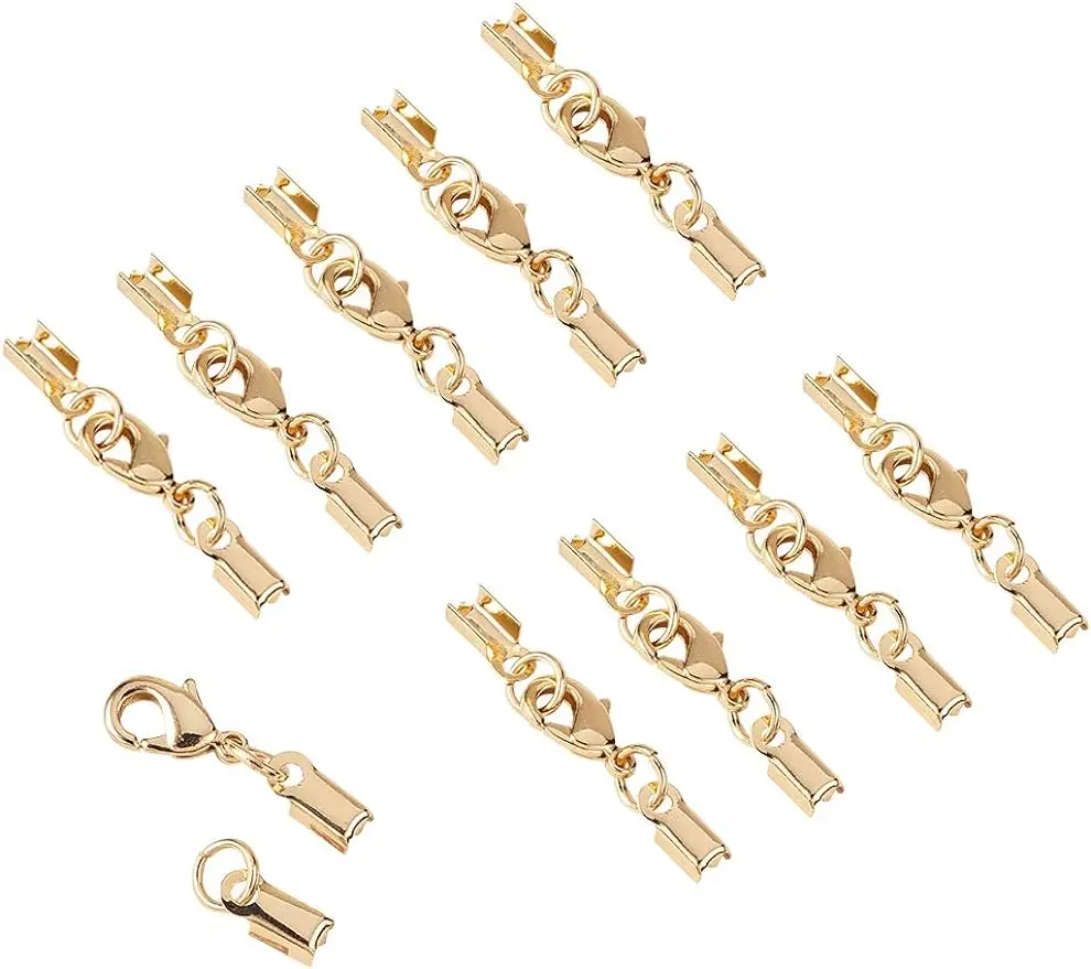 

20Sets Brass Lobster Claw Clasps Fold Over Cord End Caps Terminators Crimp End Tips for Jewelry Making Golden