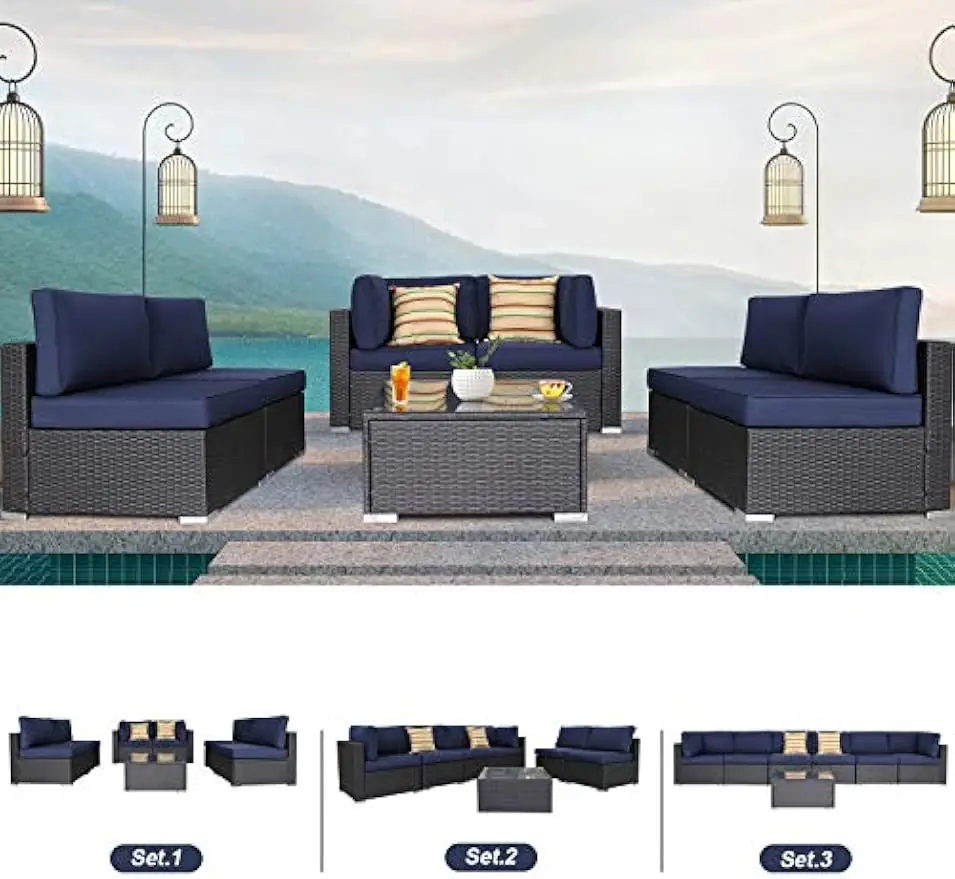 Outdoor Pátio Rattan Sofá, Sets Móveis secionais, Tecelagem manual, Wicker Conversa Set, Almofadas e Mesa de Vidro, 7PCs