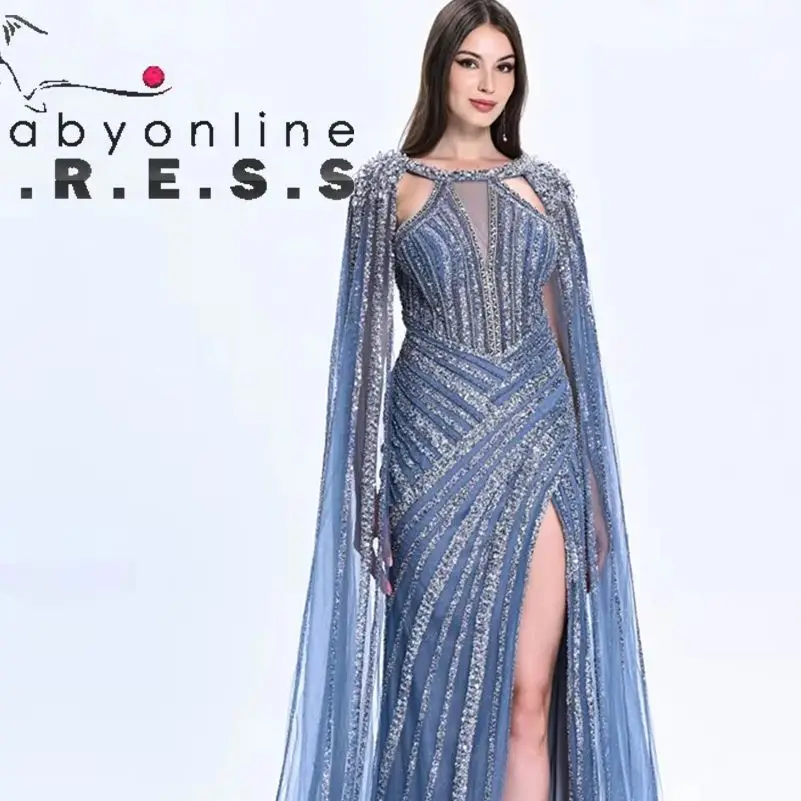 BABYONLINE Customized  Mother of Bride Dress Crystal Stones Beaded Dresses Cape Sleeve Pageant Side-Slit Gown Formal Occaision