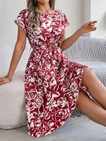 Vestido plisado de manga corta Floral elegante para mujer, vestido informal de corte A con cuello redondo, medio largo, para primavera y verano