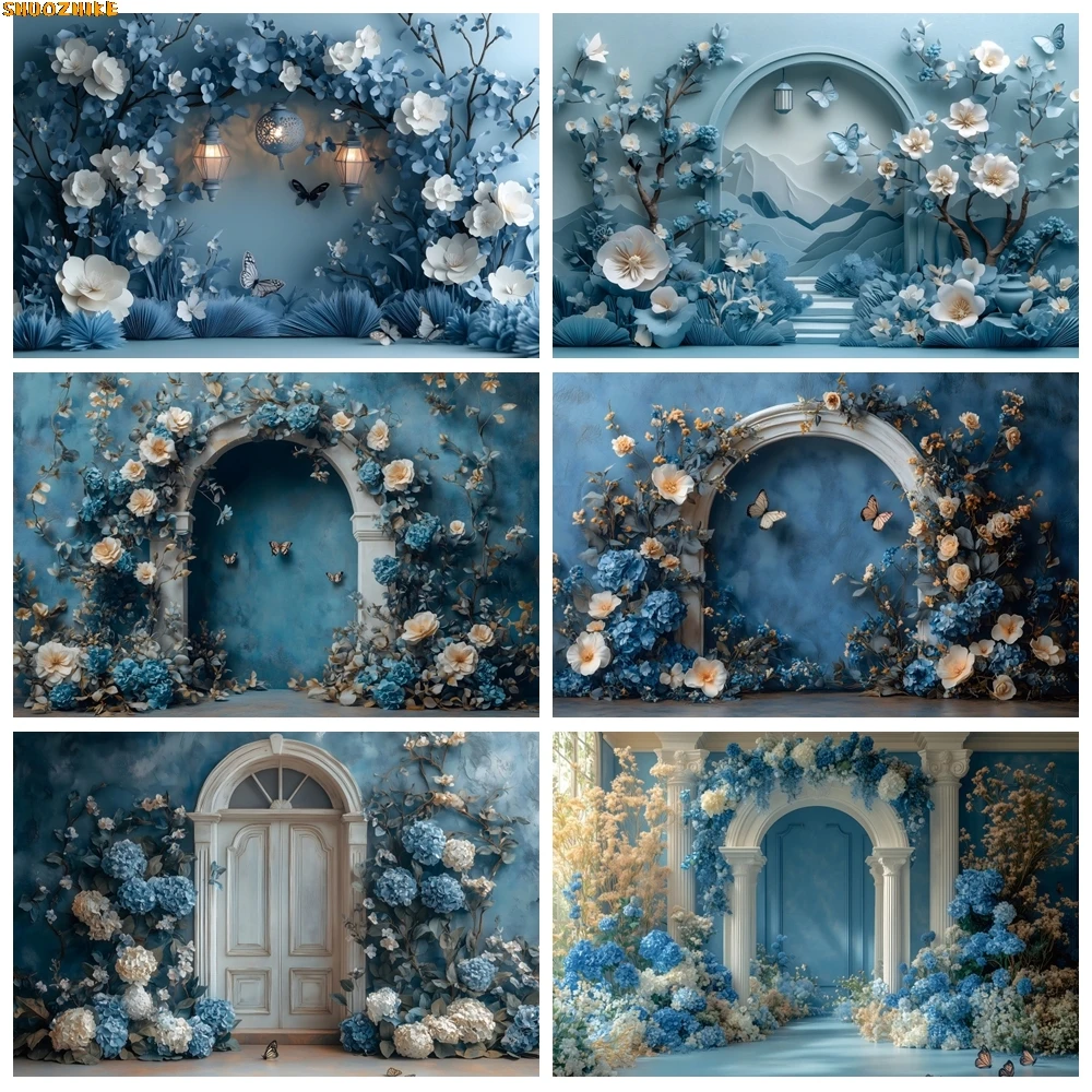 

Blue Flowers Butterfly Floral Arch Wedding Photography Background Kids Birthday Party Bride Maternity Portrait Photo Background