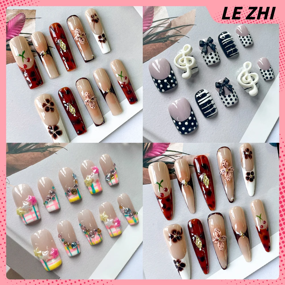 

Handmade Long Coffin Stiletto Press On Nail Art 3D French Amber Embossed Flower Polka Dot Pearl Diamond Detachable Nail Gifts