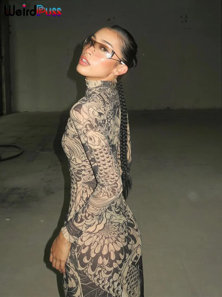 Weird Puss Mesh Print Women Maxi Dress Turtleneck Full Sleeve Bodycon Autumn Trendy Hipsters High Street Party Y2K Attirewear - Image 5