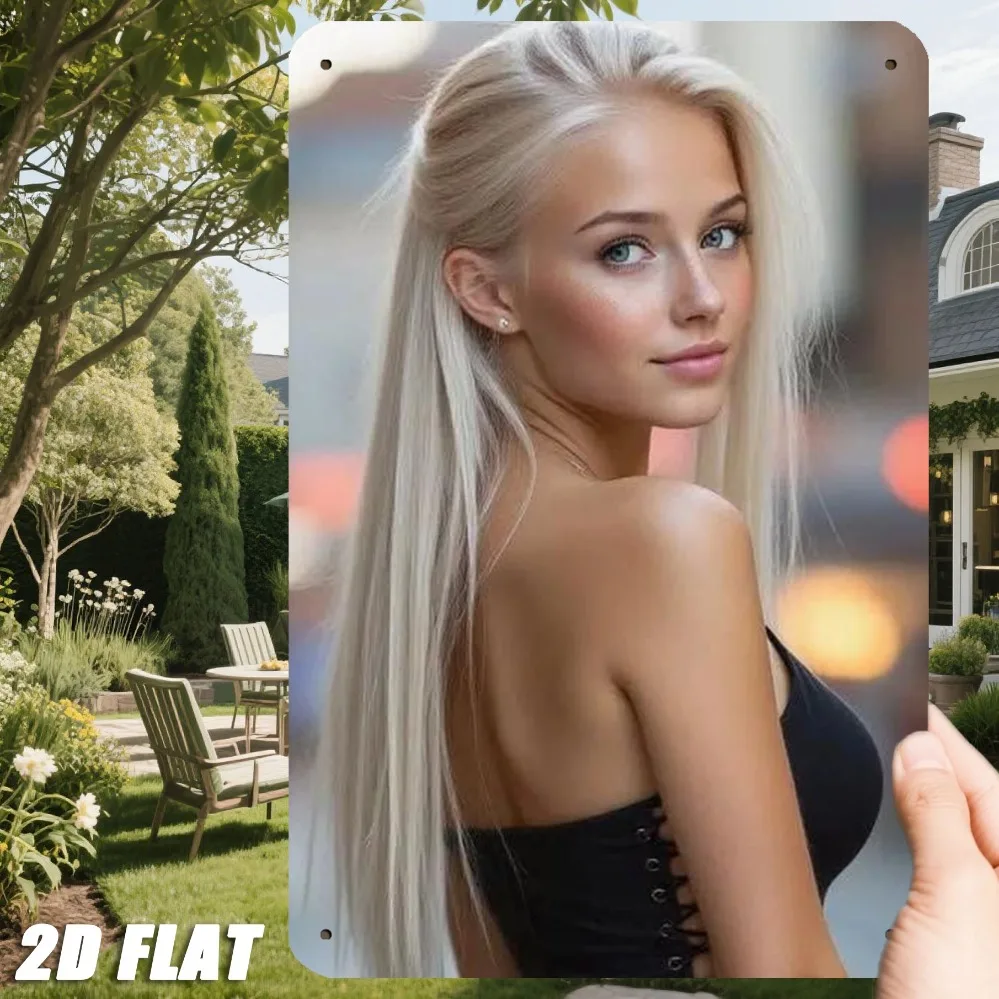 Vintage Glamorous Blonde Woman Metal Tin Sign - Retro Striking Girl with Long Platinum Blonde Half-Up Hair in Black Strapless La