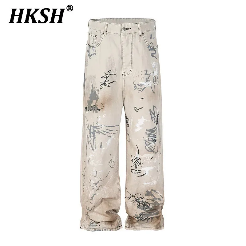 

HKSH мужские модные джинсы Tide Punk High Street с ручной росписью граффити, потертые прямые свободные джинсовые брюки, модные HK0564