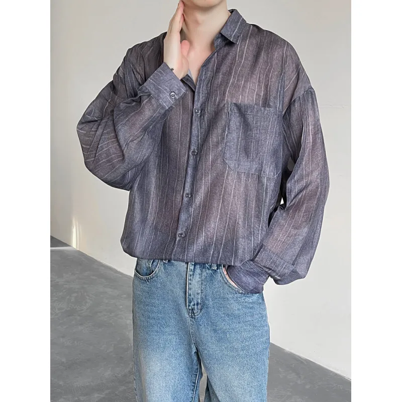 Spring Summer Ice Silk Striped Shirts Men Korean Fashion Simple Long Sleeve Turn Down Collar Blouse Casual Loose Thin Tops