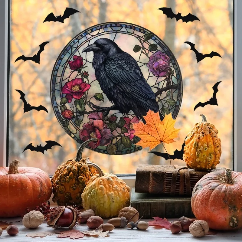 

Halloween Decoration Crow Flower Bat Pumpkin Black Cat Round Window Sticker Furniture Door Wall Sticker Double-sided Printing