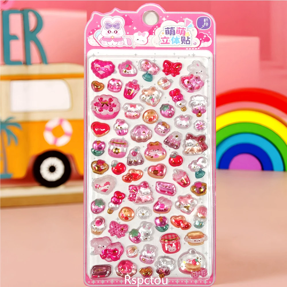 4pcs Kawaii Animal Fruits Three-dimensional Relief Stickers Cute Cartoon 3D Crystal Sticker Scrapbook Guitar Phone Reward Decals