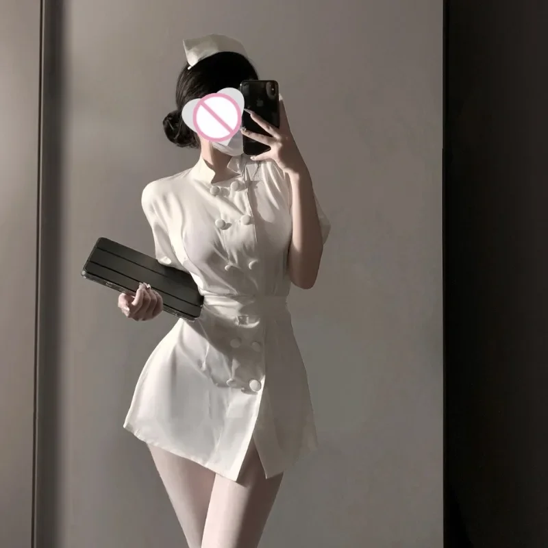 Damska seksowna bielizna, seksowna sukienka z okrągłym dekoltem, dopasowana, biała, anielska, czysta pokusa, strój pielęgniarki, zestaw do odgrywania ról.