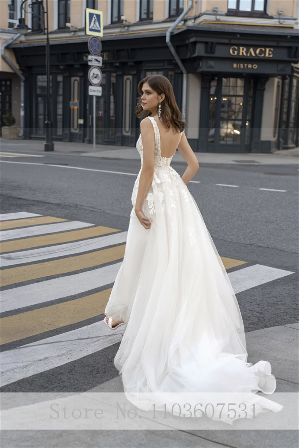 Robe de mariée en dentelle avec appliques florales en tulle pour femmes, robe de cour à fente latérale A-Line, collat carré élégant, robe de mariée éducative