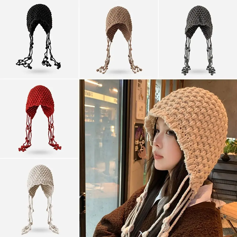 

Wool Knitted Hat Cute Warm Handmade Ear Protection Hat Tassel Windproof Pullover Hat Autumn and Winter