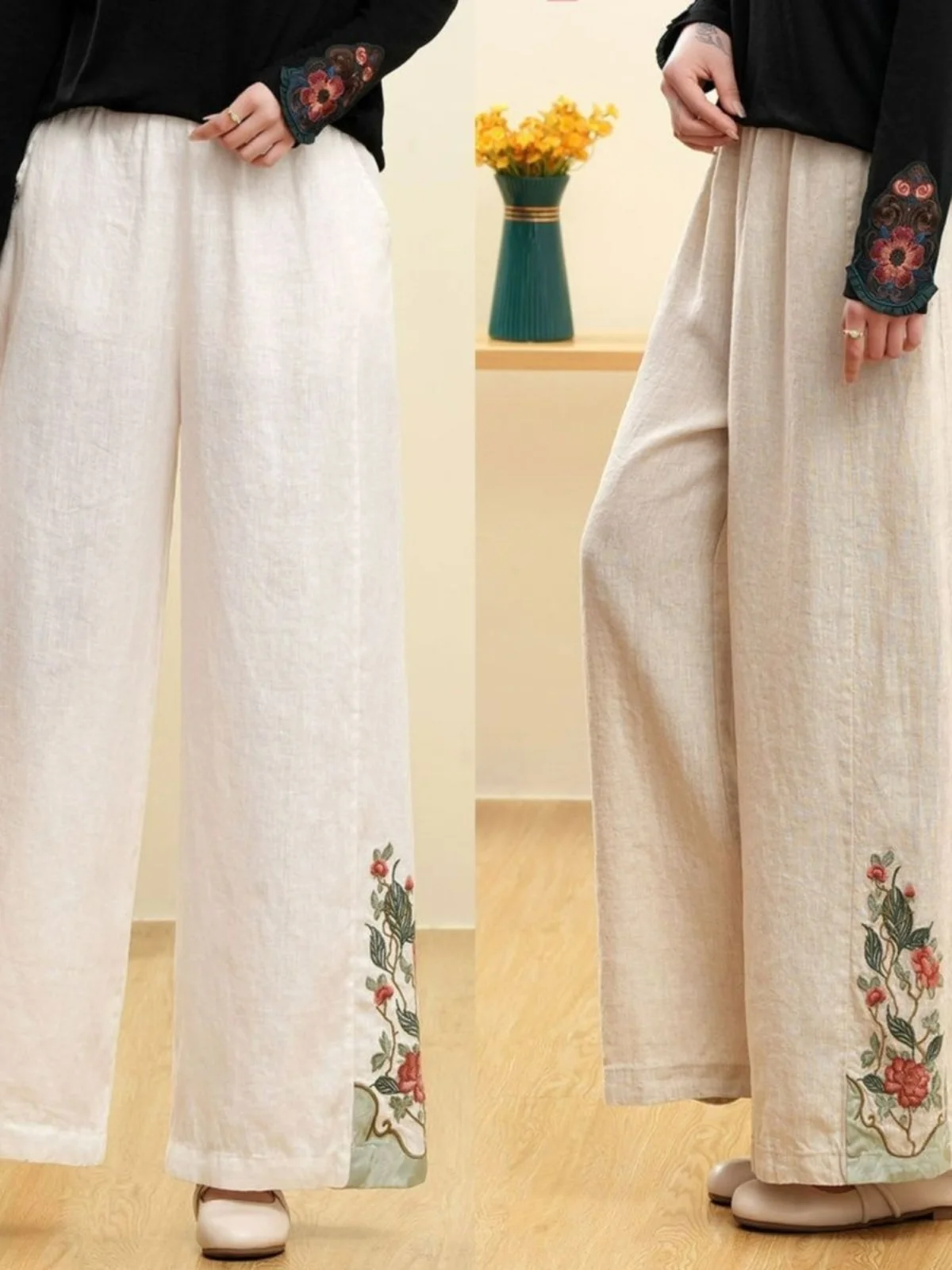 

New Cotton Linen Embroidered Loose Straight Leg Pants Ethnic Vintage Loose Slimming Long Casual Trousers for Women