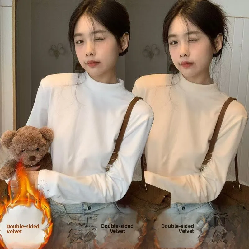 Thickened Fleece Half-High Collar Base Shirt Women's Long Sleeve Thermal Top Slim Fit Korean Style Winter Warm Inner Wear