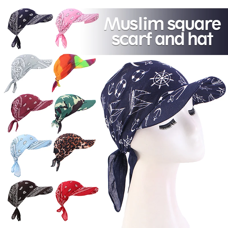 

Muslim Women Head Scarf Visor Hat with Printed Headband Wide Brim Sunhat Summer Beach Sun Hats Uv Protection Female Baseball Cap