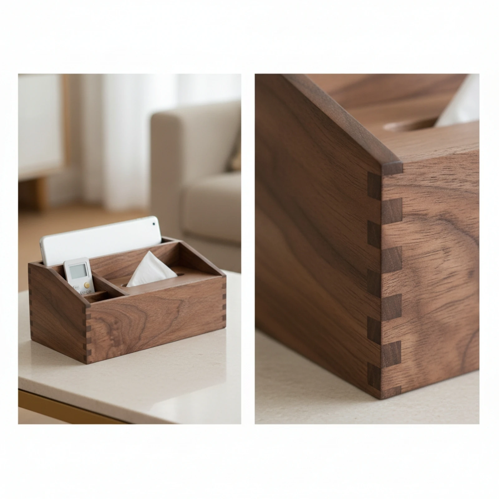 Wooden Tissue Box with Compartments Rustic Desk Organizer with Tissue Box Cover Handheld Device Control Holder Rectangular