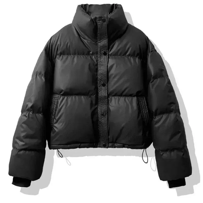 Winter Warm Thick Parkas Women New Fashion Loose Crop Jacket Female Black Cotton Padded PU Leather Elegant Zipper Coat Y2K Tops
