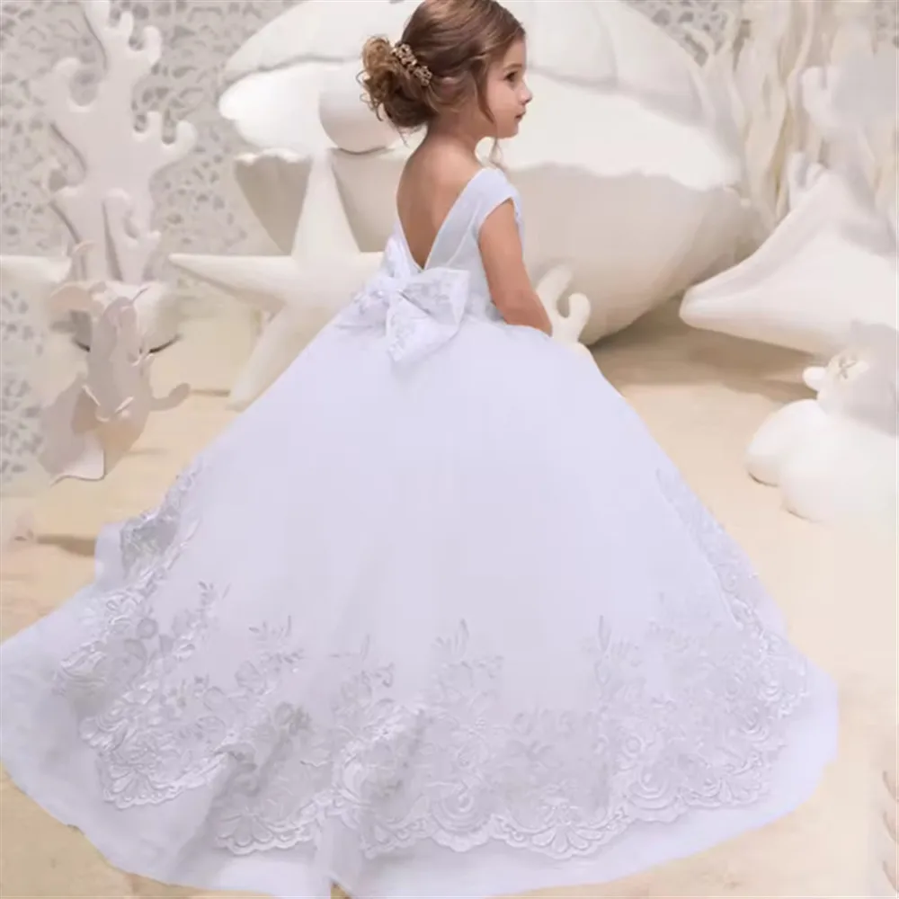 Flower Girl Wedding Dress Sleeveless Appliques Lace with Bow Kids Bridesmaid Princess Birthday Party First Communion Ball Gown