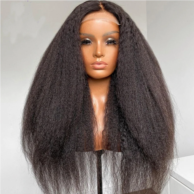 

Soft 26Inch 180Density Natural Black Long Kinky Straight Lace Front Wig For Women BabyHair Heat Resistant Preplucked Glueless