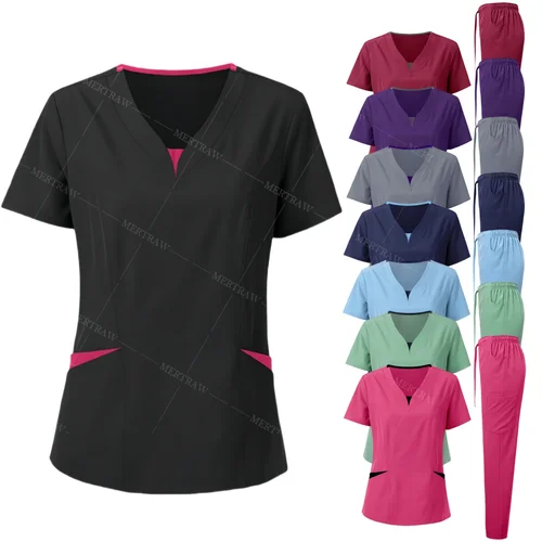 Conjunto exfoliante para mujer, blusas de enfermera, blusa de lactancia de talla grande con cuello en V a la moda, ropa de trabajo de Color sólido, Tops y pantalones exfoliantes