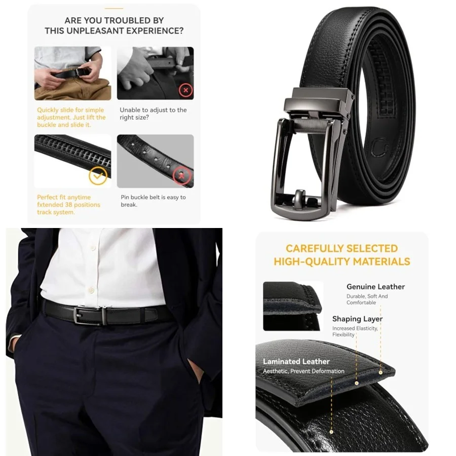 Cinturón de Vestir para Hombre - Cinturón de Cuero con Hebilla de Trinquete de 1 1/4 Pulgadas - Compañero Perfecto para Zapatos de Vestir de Hombre, Ajustable de 38 a 44 Pulgadas de Cintura, Color Gris Plomo